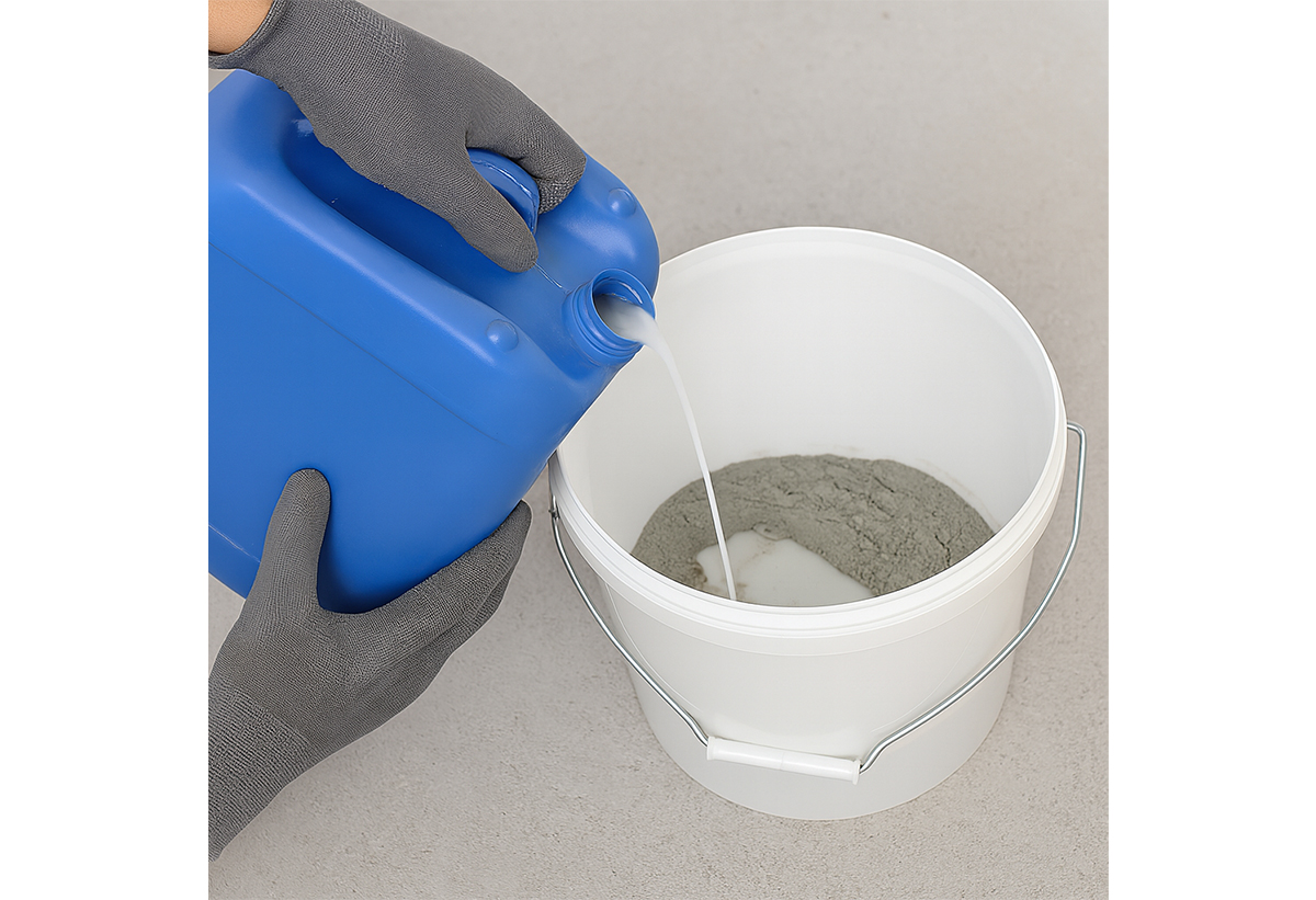 Απεικονίζεται η προσθήκη ρητίνης σε κουβά με κόλλα.